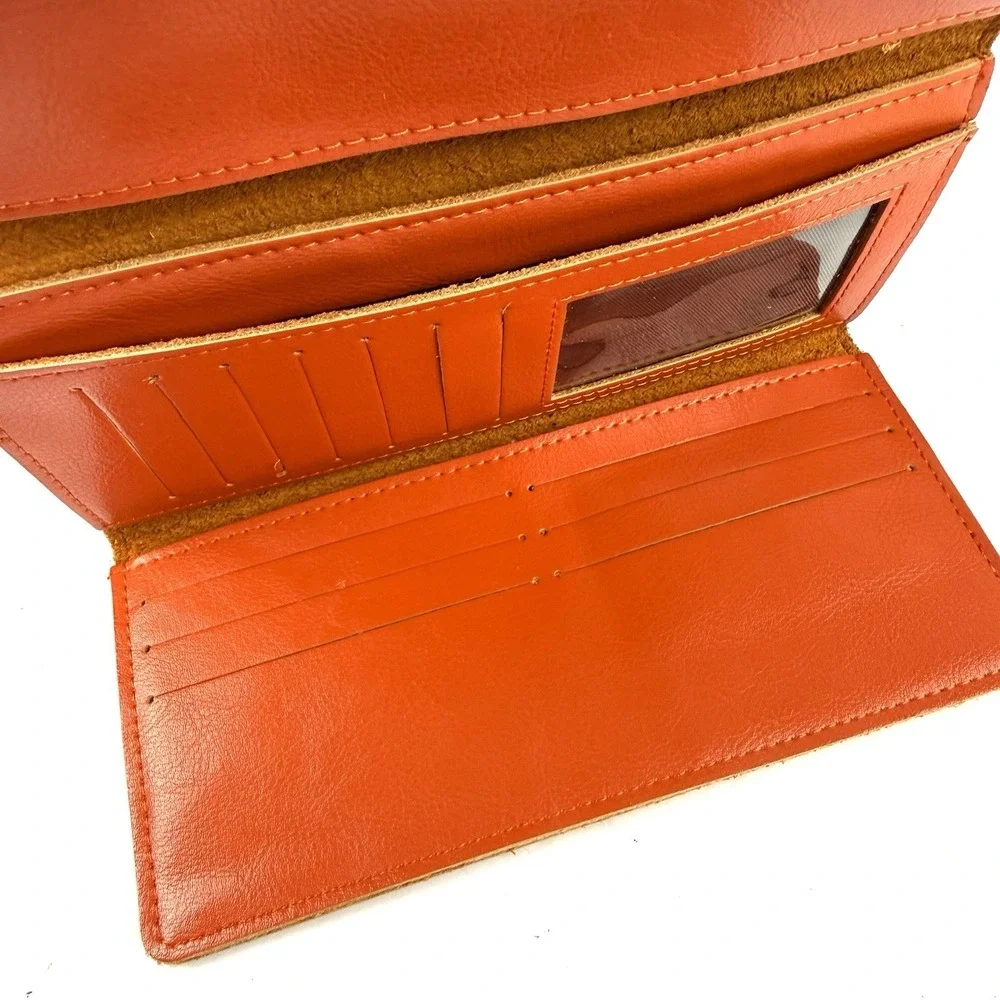 Mongolian Leather Wallet Handmade Burnt Orange Leather Organizer Trifold New